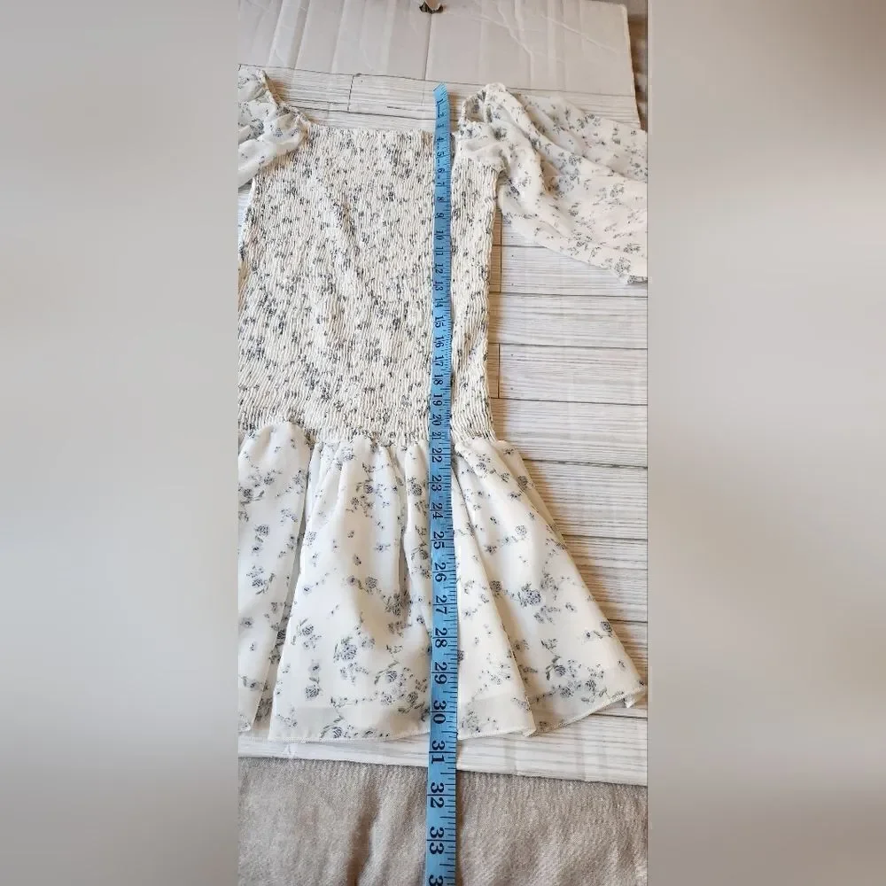 Lulu's Va Va Bloom Ivory Floral Print Smocked Long Sleeve Mini Dress Size XS